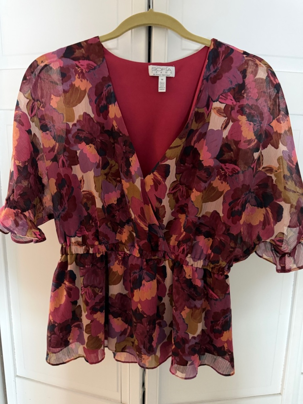 Sofia Floral V-Neck Peplum Blouse in Berry Multi